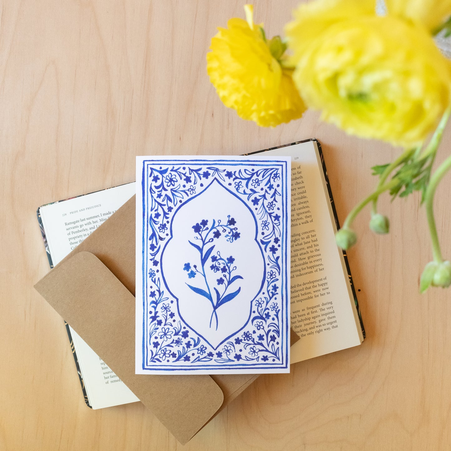 Forget Me Nots Painted Tiles - Blank Greeting Card